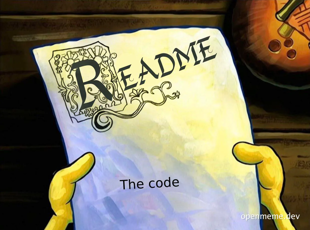 Cartoon hands holding a README file labeled 'The code'