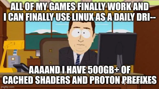 disappointed office worker with text about linux gaming performance