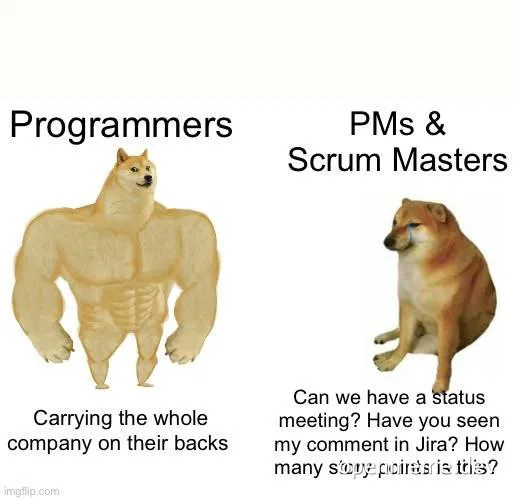 Doge meme comparing programmers to PMs and Scrum Masters