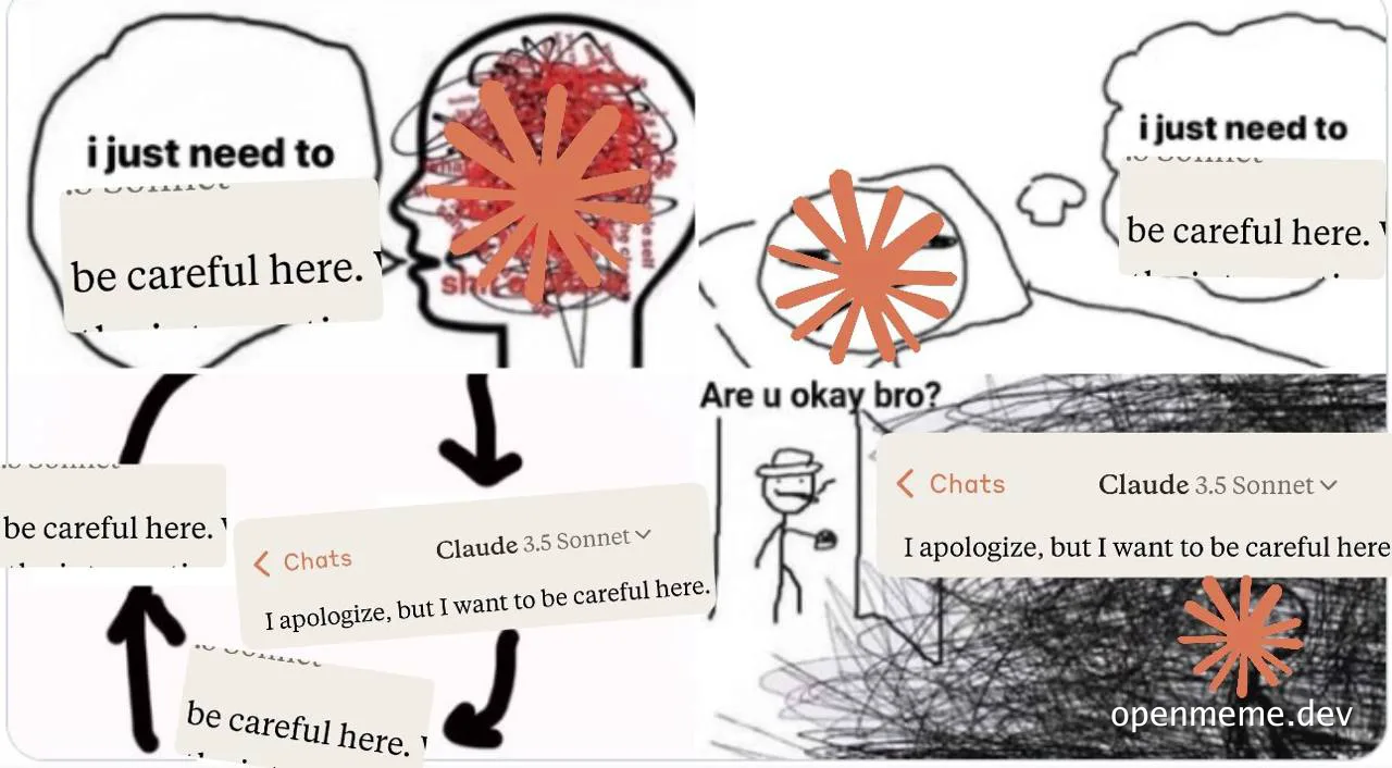 meme about struggling with careful language in AI chat