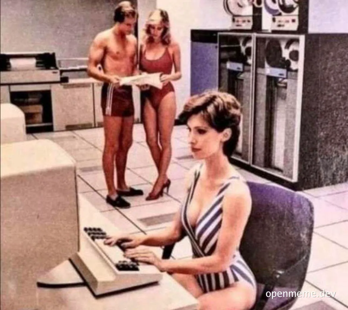 woman in swimsuit using computer with two people looking on