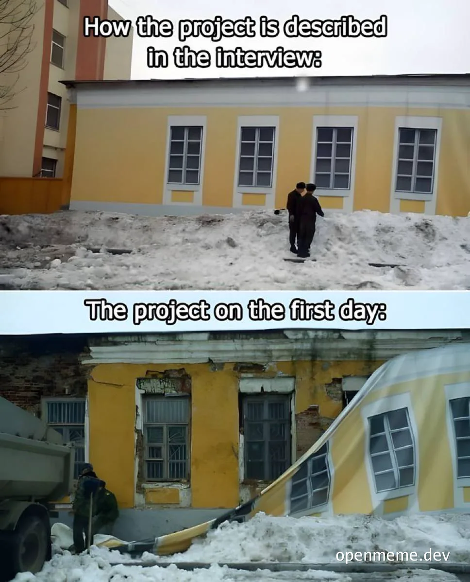 Meme of a building described in an interview versus its first day of construction