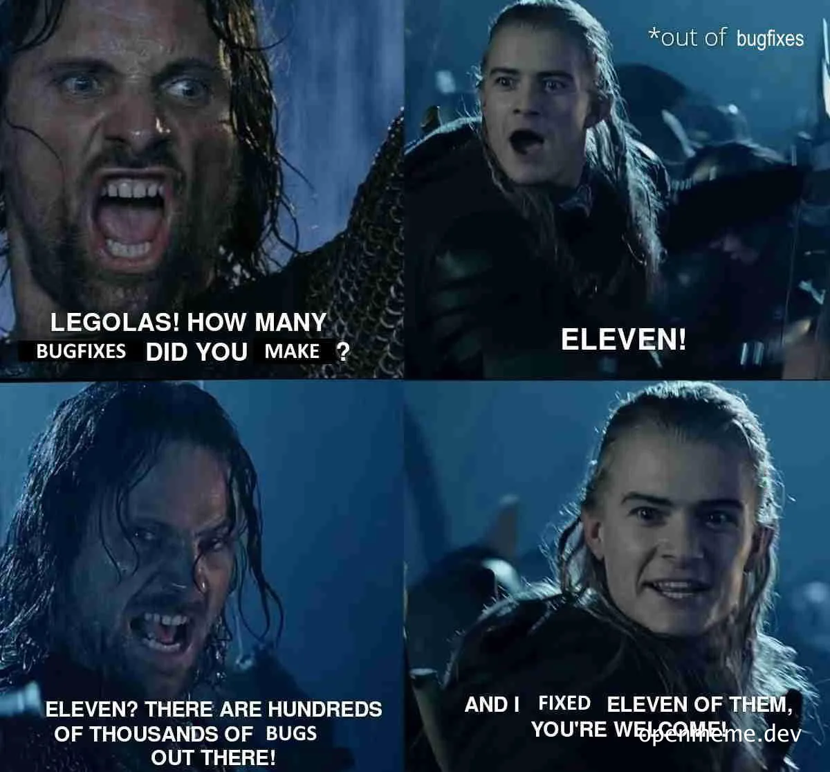 Lord of the Rings meme: Legolas and Gimli discuss bugfixes