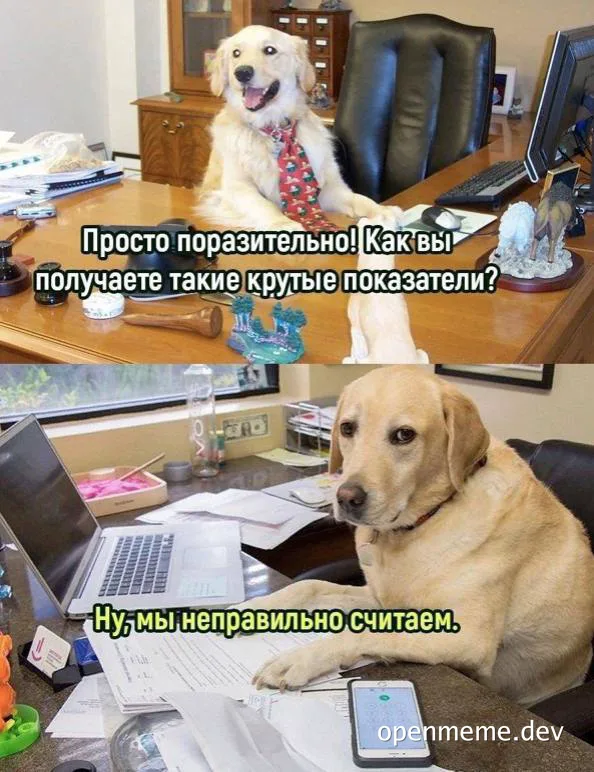 Two dogs in office settings with Russian captions