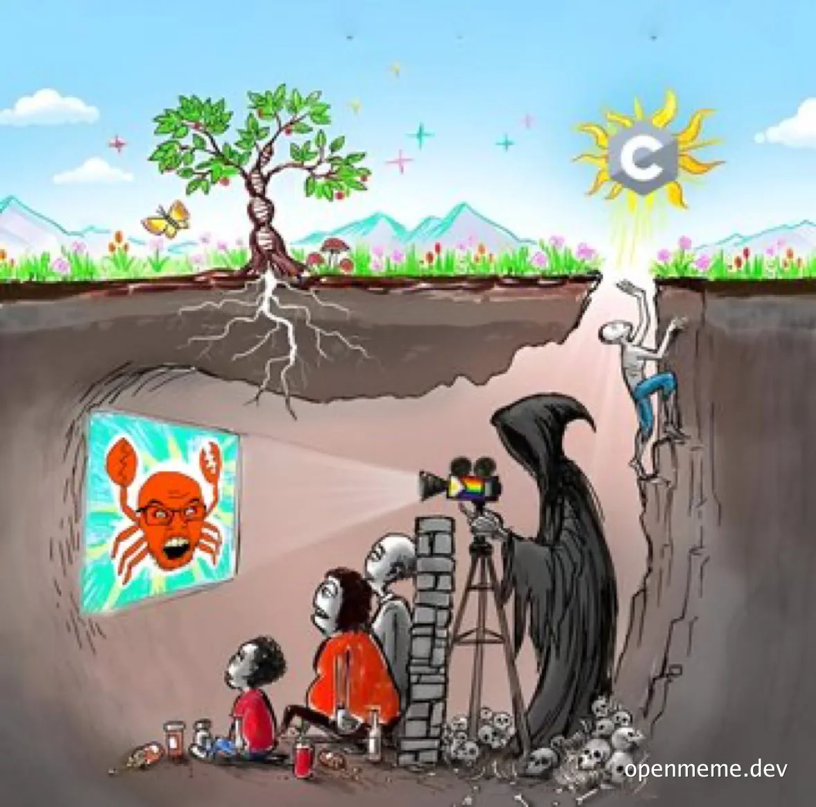 Cartoon of people in a cave watching a screen with a crab face, while a grim reaper films them and one person climbs out to a sun with the letter C.