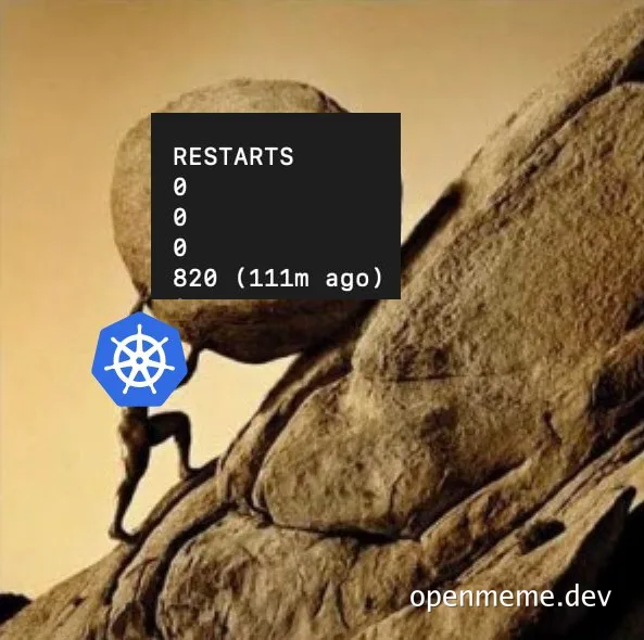 Sisyphus pushing a boulder with a Kubernetes logo and a restart counter showing 820