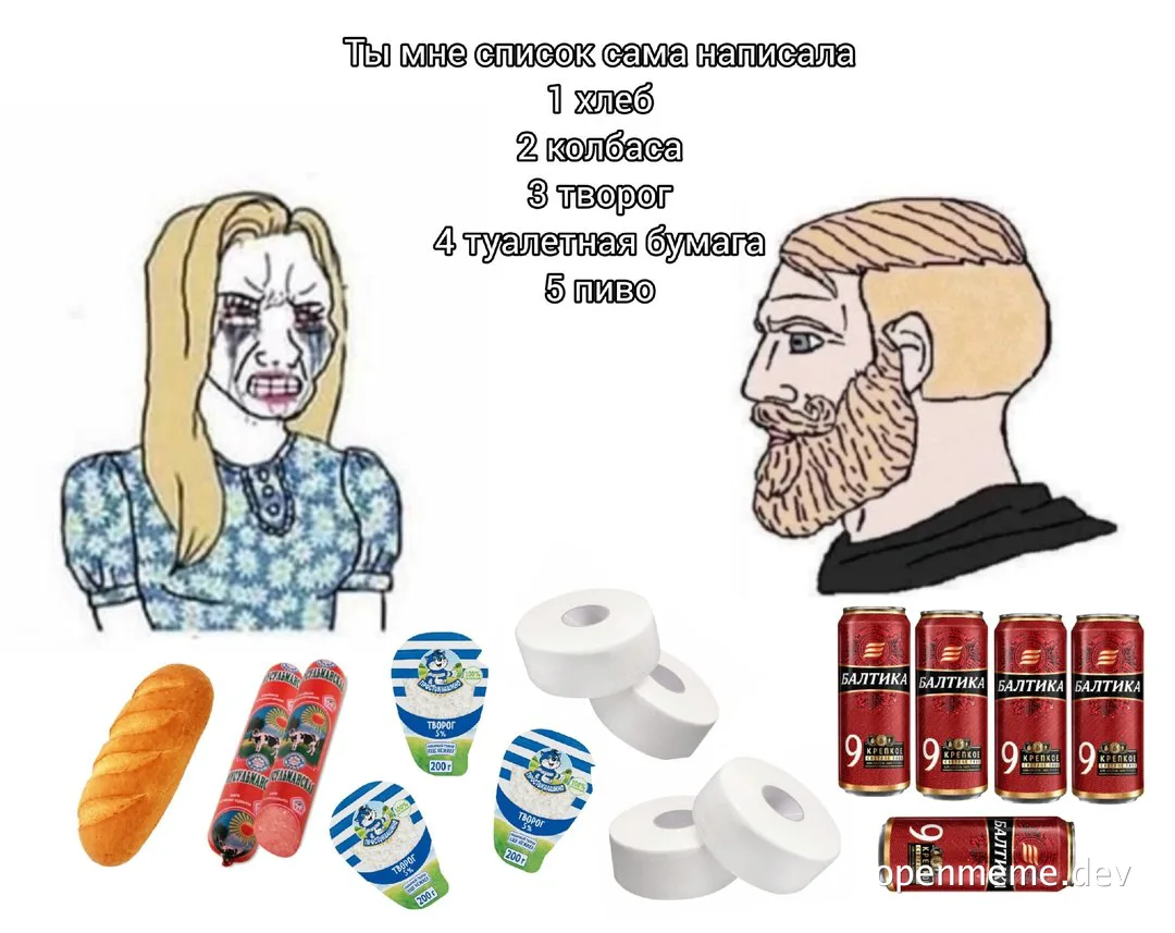 russian grocery list meme with angry woman and man
