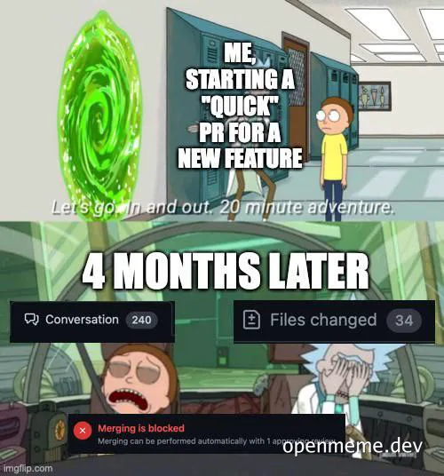 Rick and Morty scene with green portal, used to depict a developer's failed attempt at a quick pull request