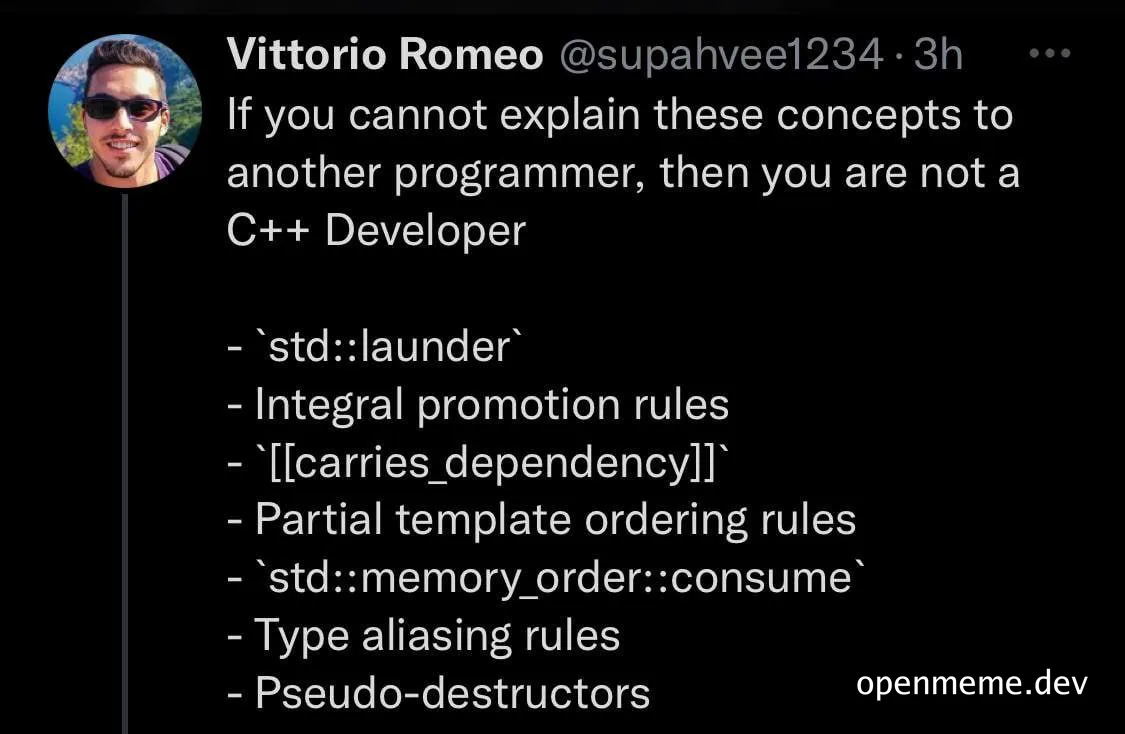 Tweet by Vittorio Romeo listing difficult C++ concepts to explain
