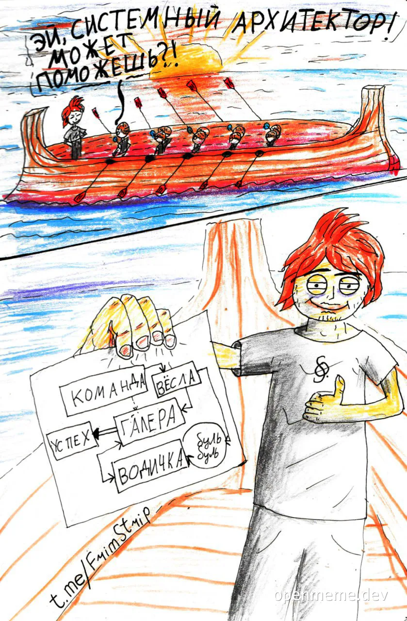 A cartoon drawing of a man holding a sign with Russian text, looking at a Viking ship with people rowing.