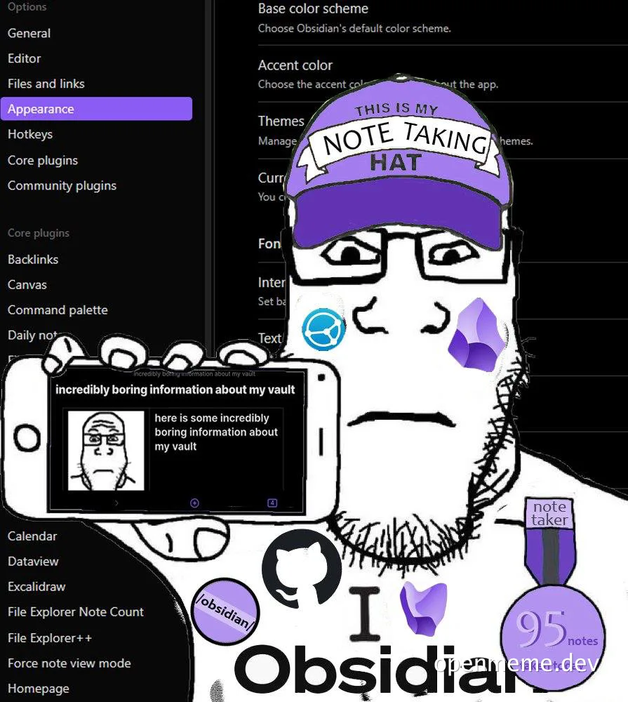A man wearing a 'note taking hat' holds up a phone with a humorous message about boring information on his vault, surrounded by Obsidian app icons.