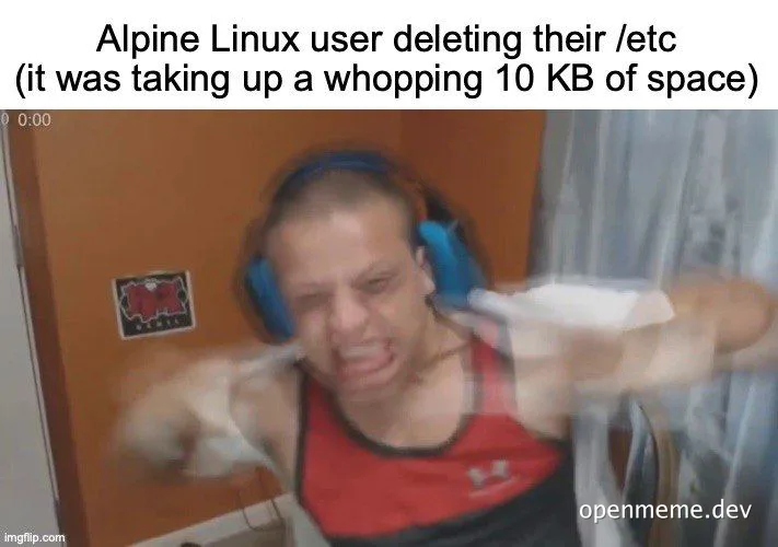 Man in a red shirt and blue headphones aggressively gesturing with his arms, reacting to deleting a file on Alpine Linux.