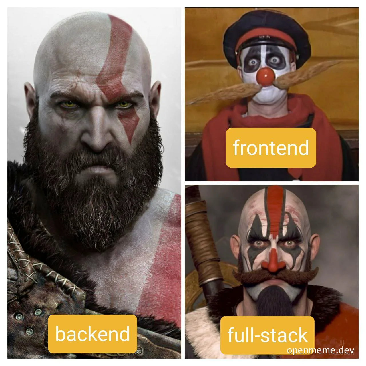 god of war character with red and white face paint labeled backend next to a clown labeled frontend and another character labeled full-stack