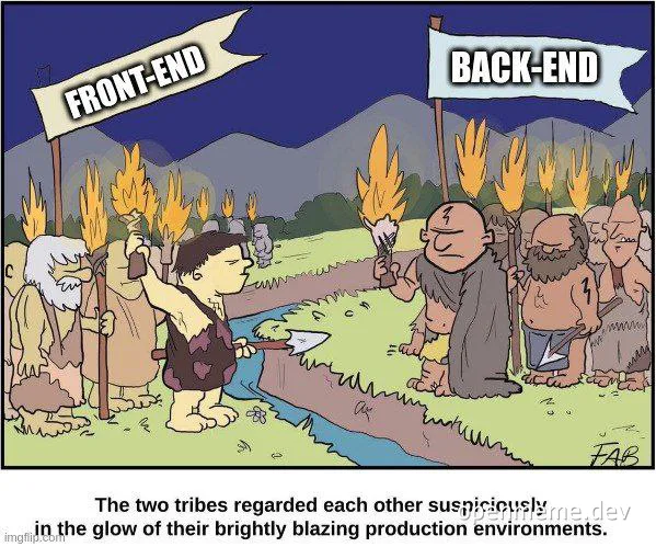 cartoon cavemen from front-end and back-end tribes face each other across a stream with torches