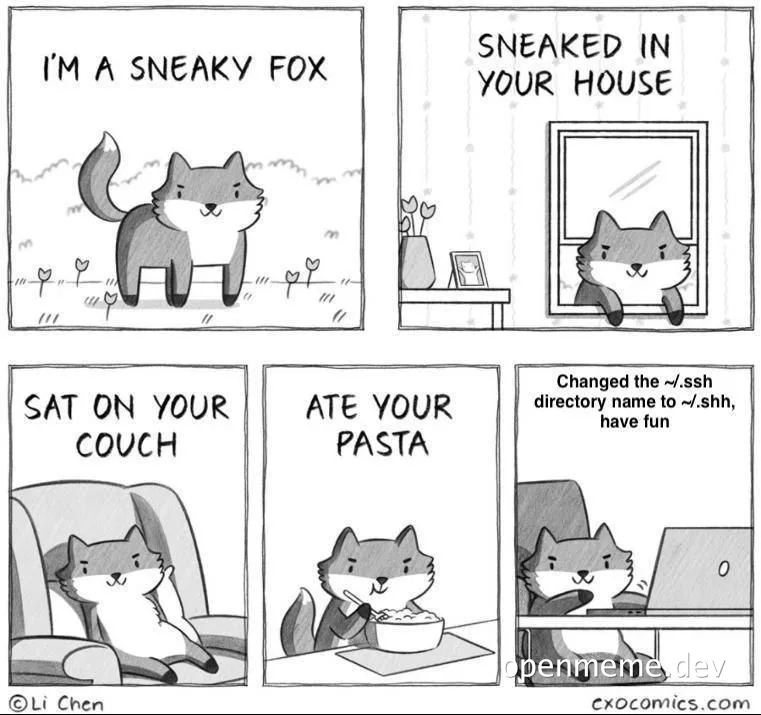 Sneaky fox comic about a fox sneaking into a house, sitting on the couch, eating pasta, and changing a directory name on a computer.