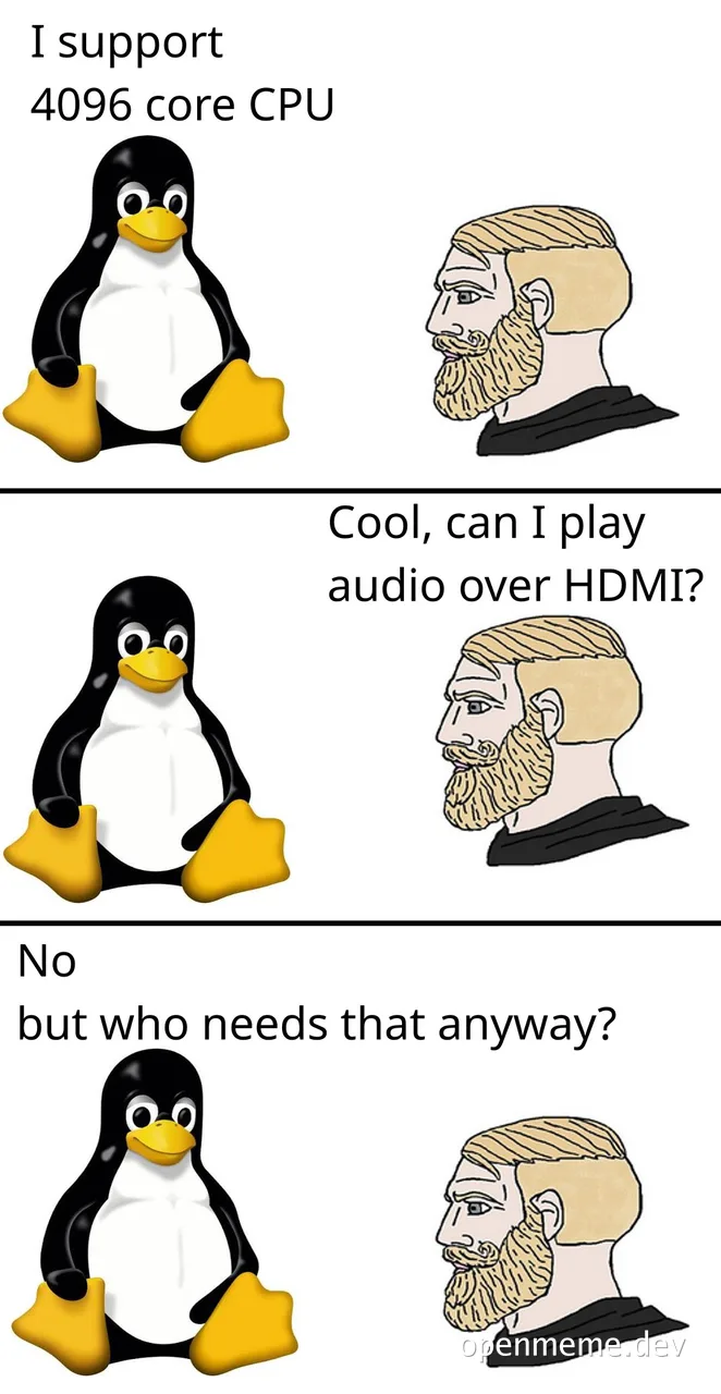 Tux the penguin and a man discuss CPU cores and HDMI audio