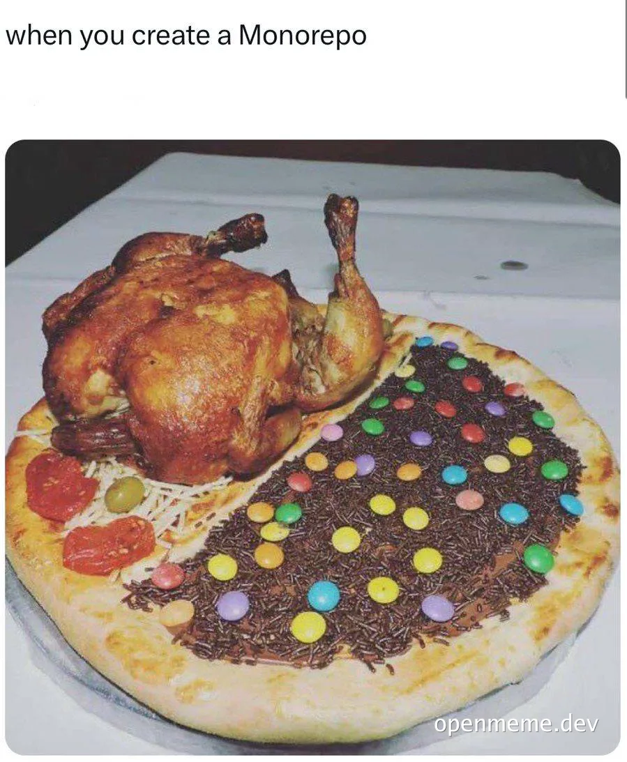 a pizza with a chicken on top, representing a monorepo