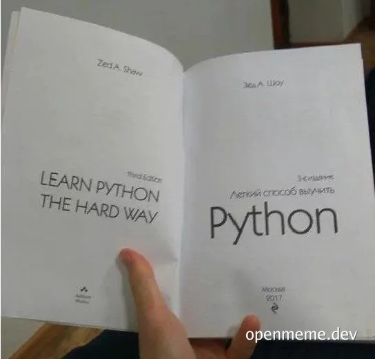 A hand holding an open book with 'Learn Python the Hard Way' in English and Russian
