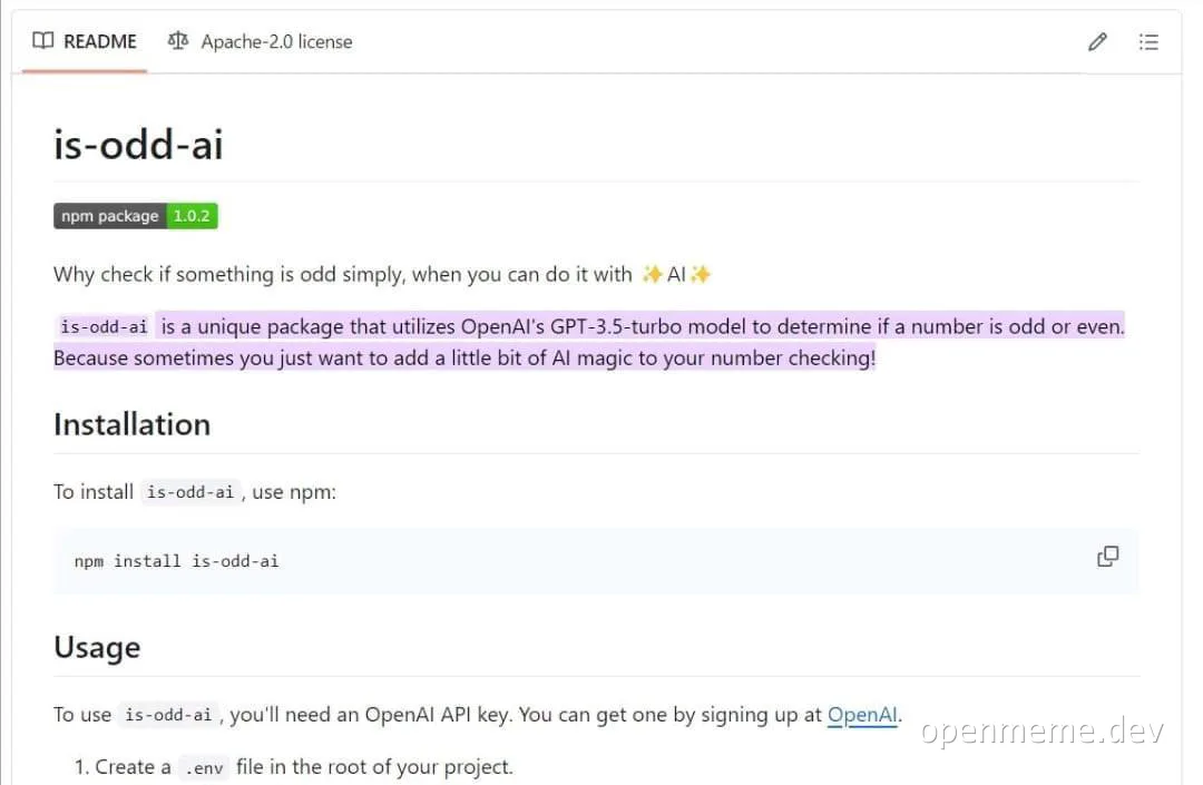 is-odd-ai npm package README screenshot