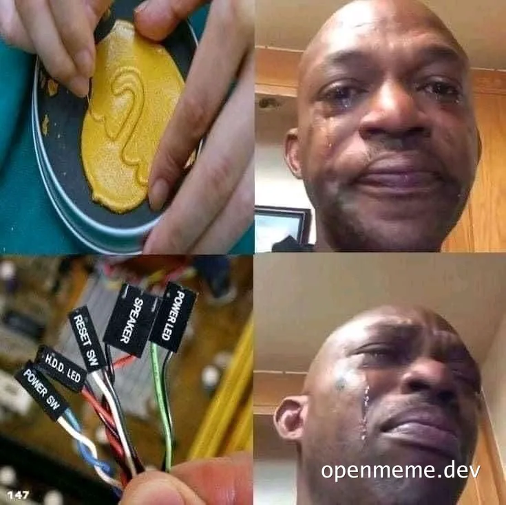 Relieved developer with a funny expression and a collage of images showing a person carving a symbol into dough and connecting wires
