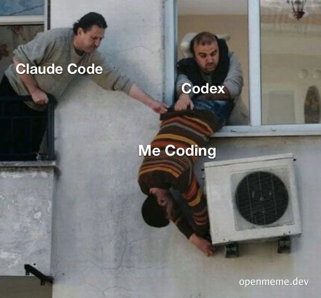A man labeled 'Me Coding' hangs off a window and AC unit while two figures labeled 'Claude Code' and 'Codex' grab him and