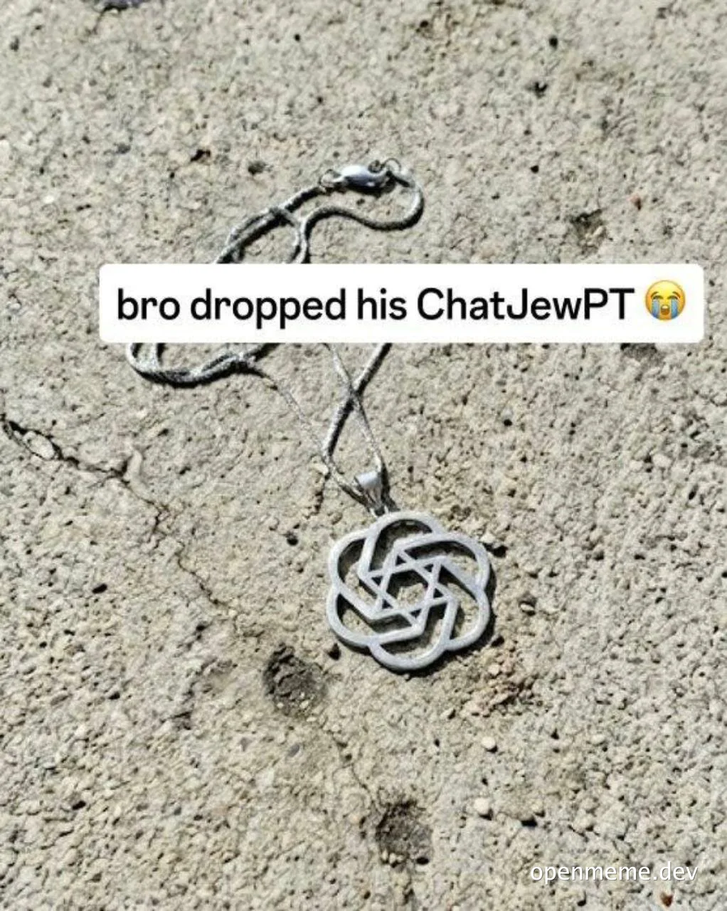 A Star of David pendant lies on cracked pavement with an overlaid text 'bro dropped his ChatJewPT'