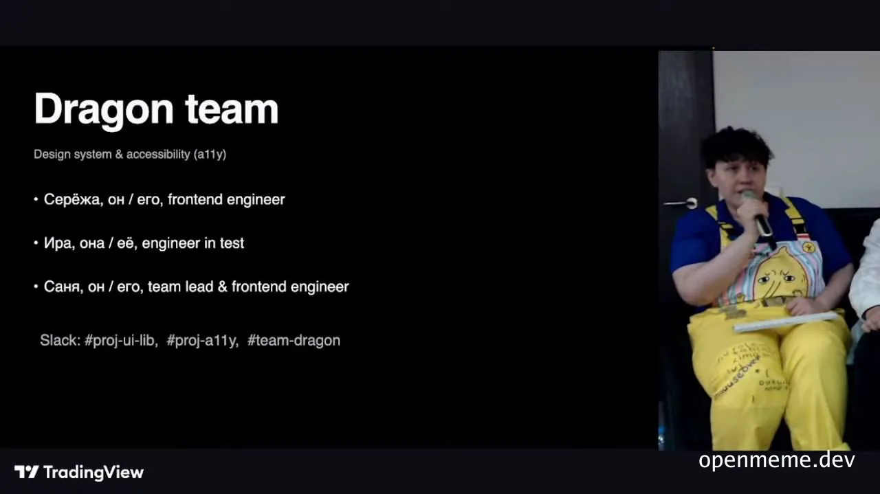 humorous team presentation slide with person in yellow overalls