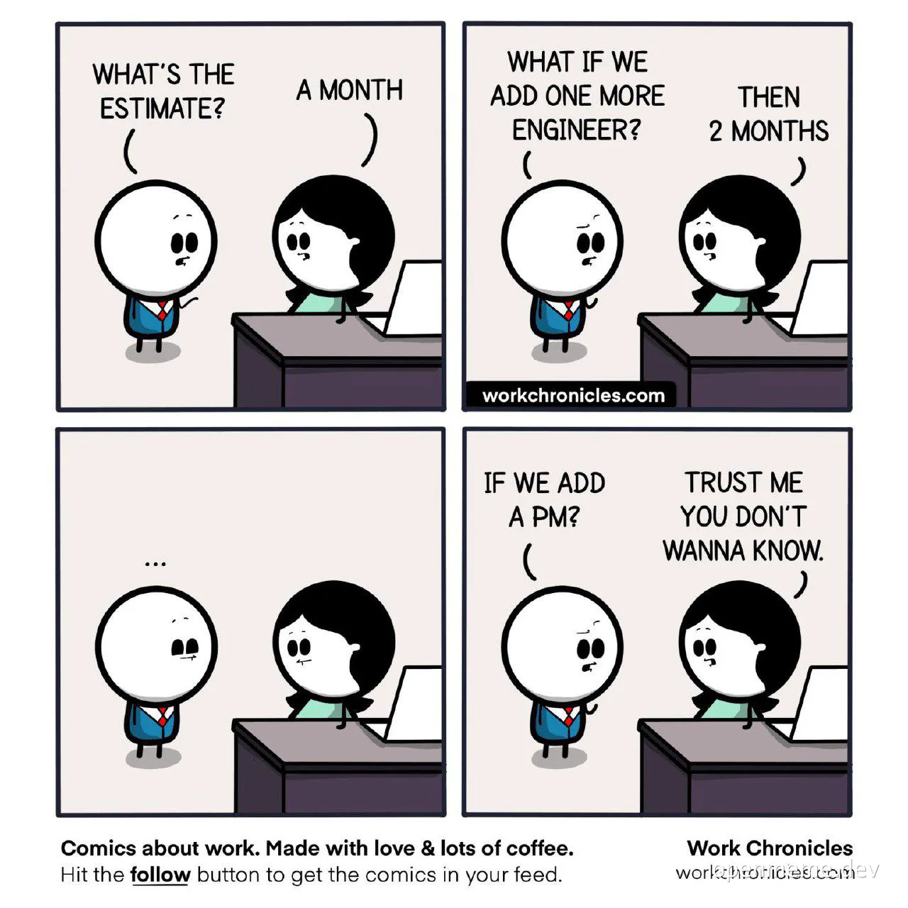 cartoon office scene with two characters discussing project timeline and team size