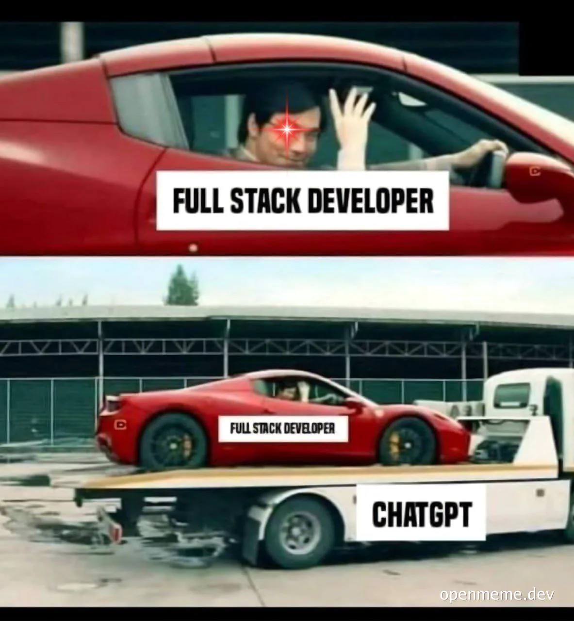 Full stack developer meme with a car on a tow truck