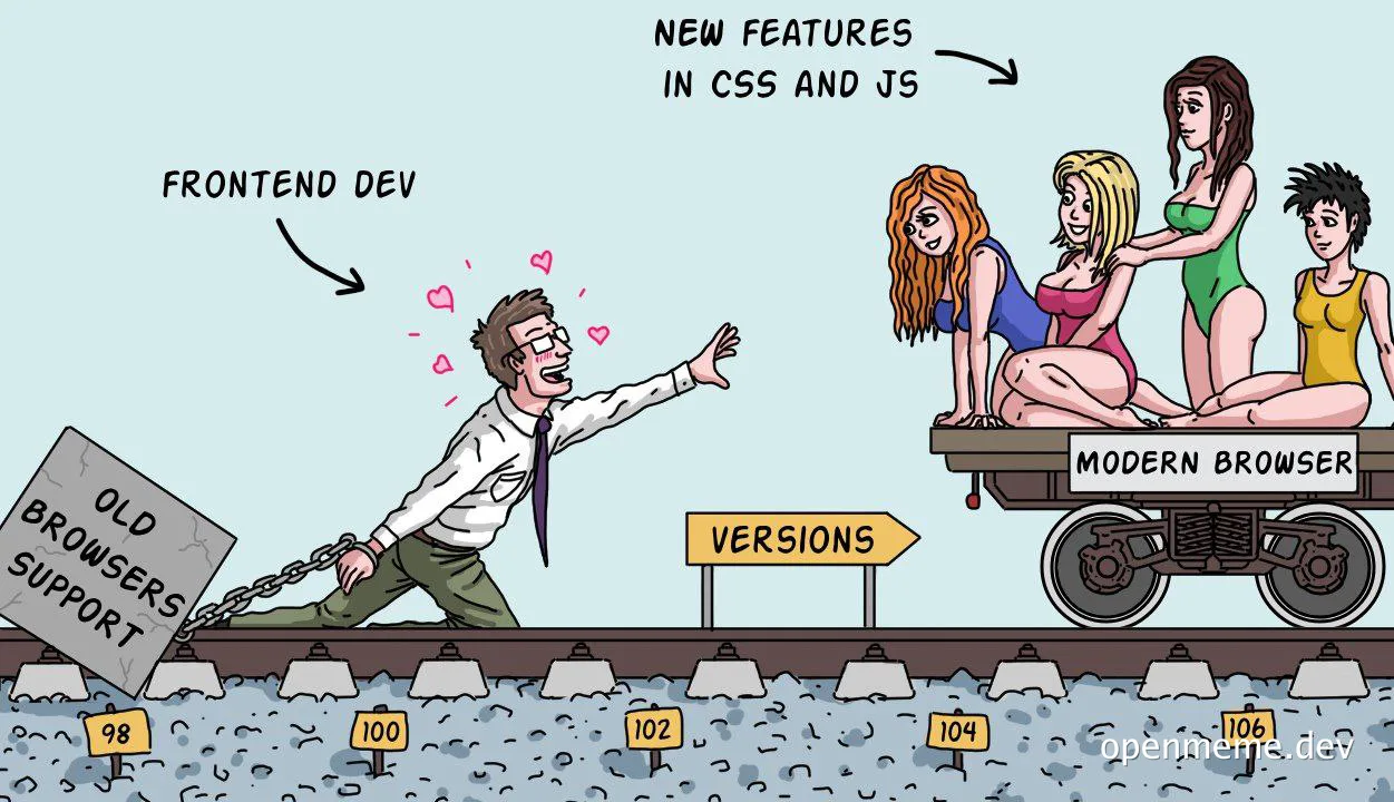 cartoon of frontend developer struggling with old browser support while modern browsers with new CSS and JS features pass by