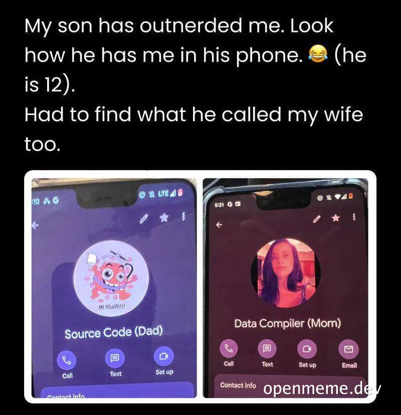 a meme about a 12-year-old's phone contacts for his parents