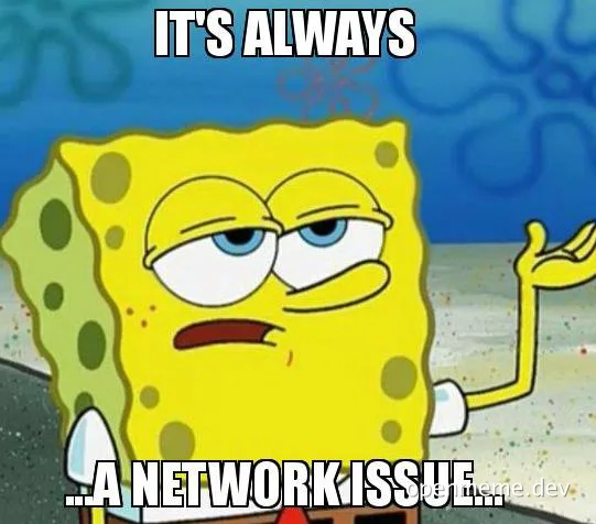 SpongeBob SquarePants with a skeptical expression and the text 'IT'S ALWAYS ...A NETWORK ISSUE...'