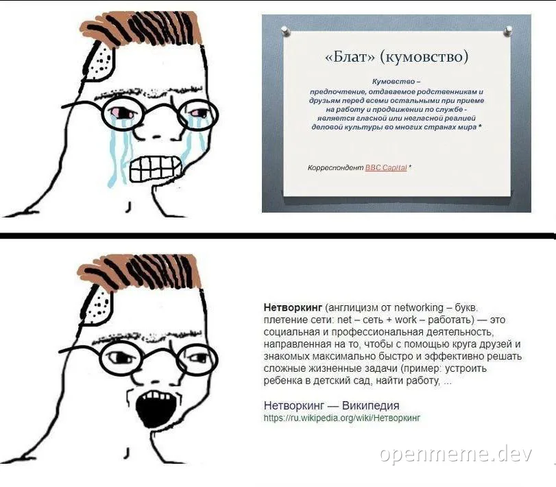 Sad and surprised faces with text about nepotism and networking