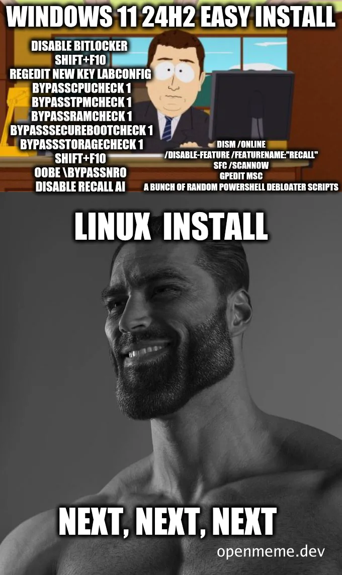 Windows 11 24H2 easy install vs Linux install meme