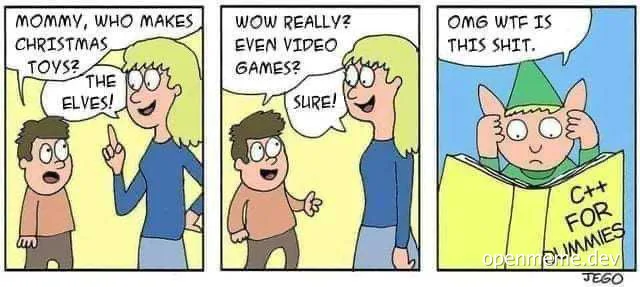 Comic strip of a child and mother discussing who makes Christmas toys and video games, with an elf reading C++ for Dummies