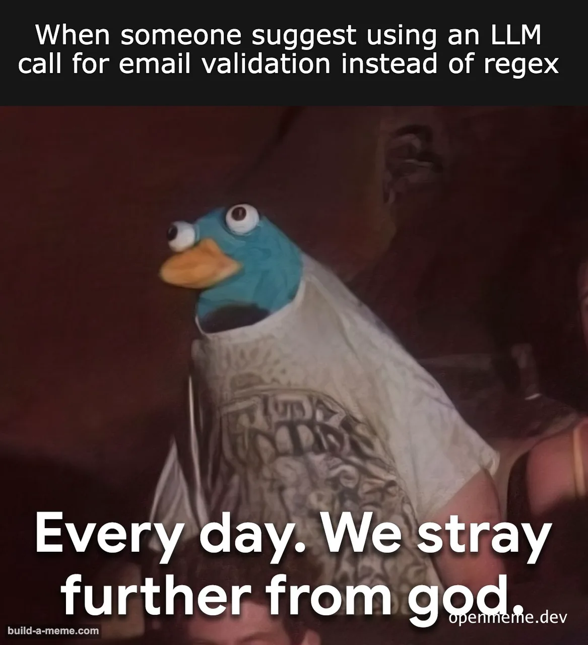 Meme of a puppet looking up in despair with text 'When someone suggest using an LLM call for email validation instead of regex. Every day. We stray further from god.'