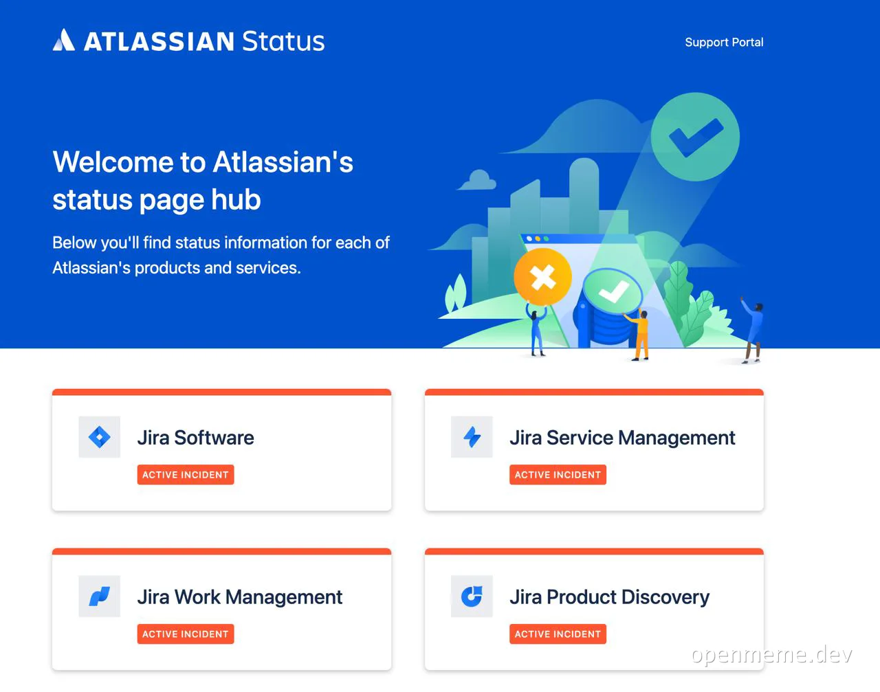 Atlassian status page hub with active incidents