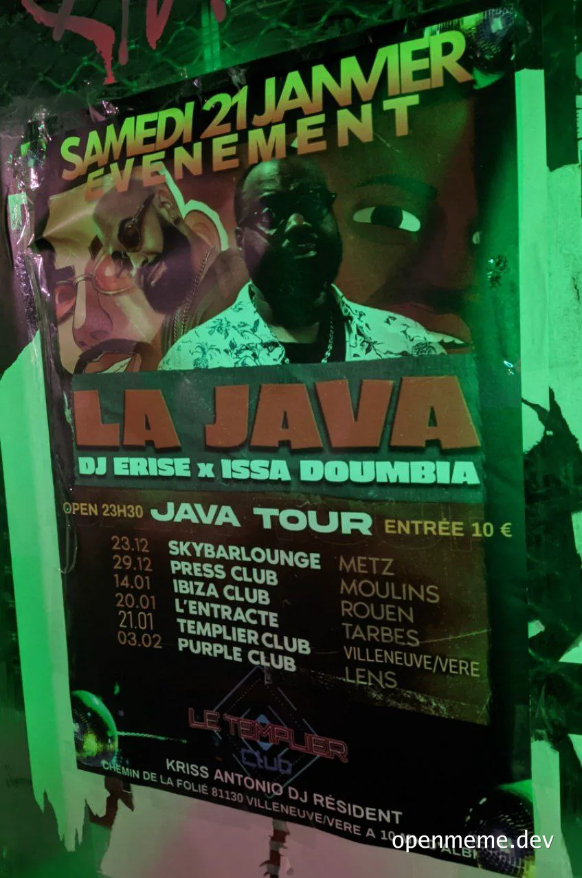 Poster for La Java Tour event with DJ Erise and Issa Doumbia