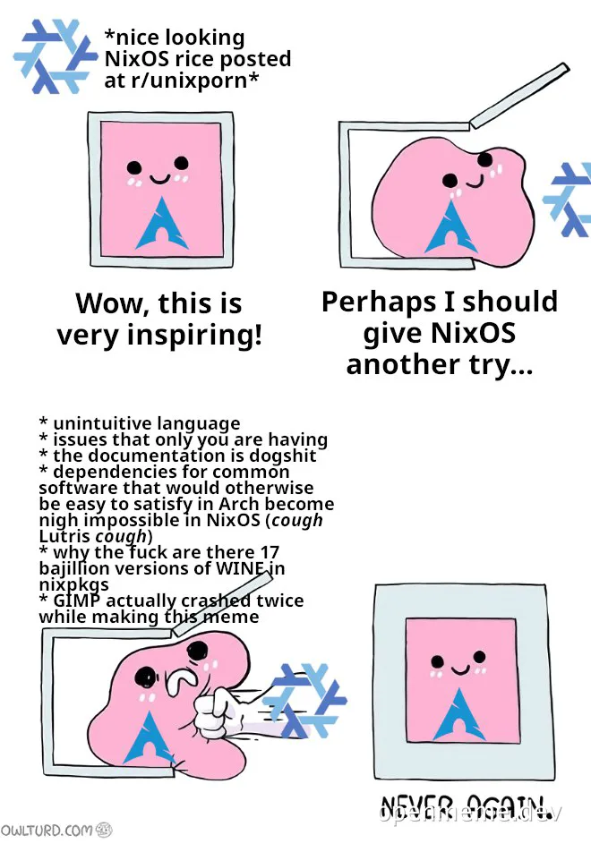 NixOS meme with pink blob character expressing frustration