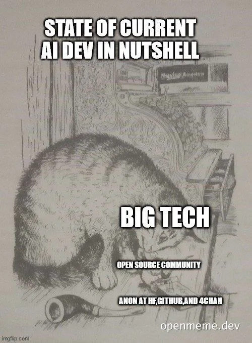 a drawing of a cat curled up with its head on a pipe, labeled 'STATE OF CURRENT AI DEV IN NUTSHELL BIG TECH OPEN SOURCE COMMUNITY ANON AT HF, GITHUB, AND 4CHAN'