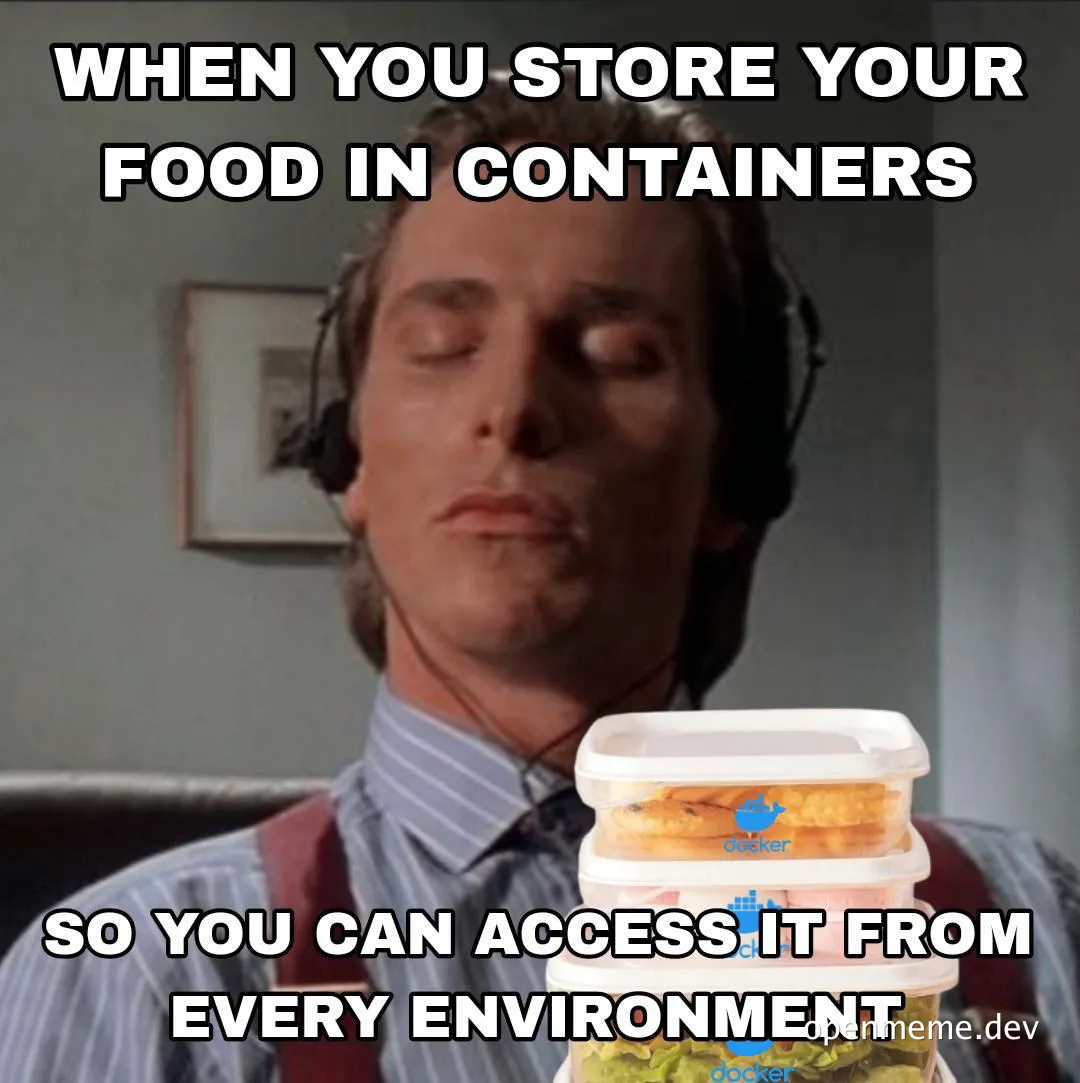 man with a pleased expression and food containers with a docker logo
