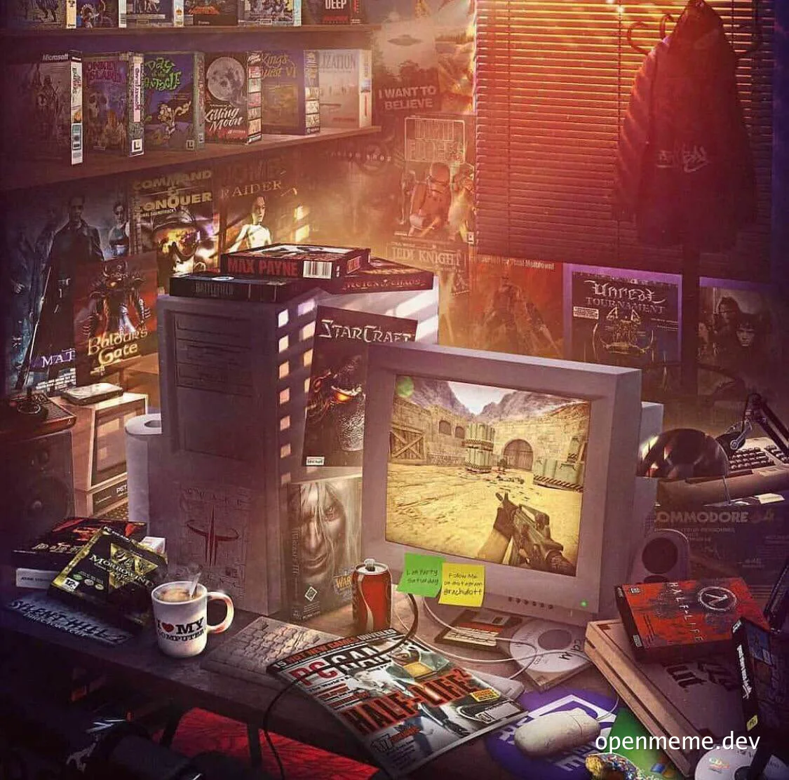 Retro computer desk with a CRT monitor running a first-person shooter, a beige PC tower, an 'I love my computer' mug, a soda