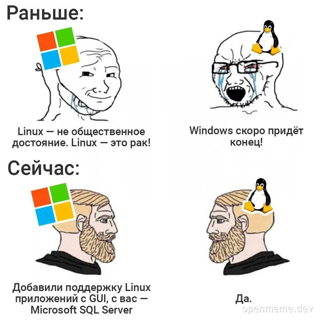Мем «Раньше/Сейчас»: сверху Windows-лого на спокойном лице и плачущий пингвин Linux, снизу те же персонажи после того, как в