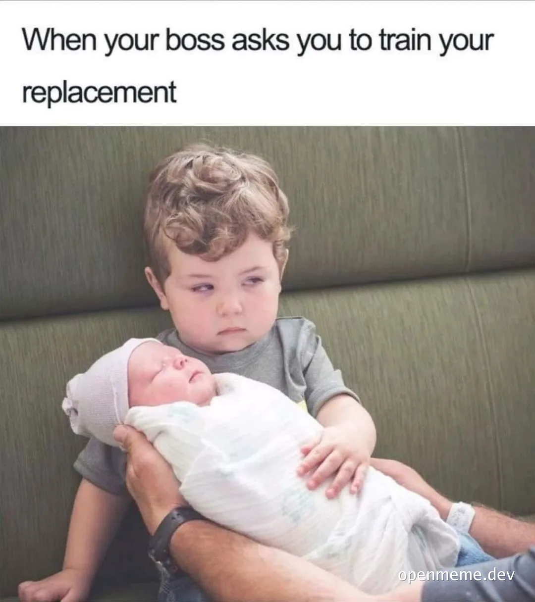 a toddler holding a newborn baby with a disapproving look on his face