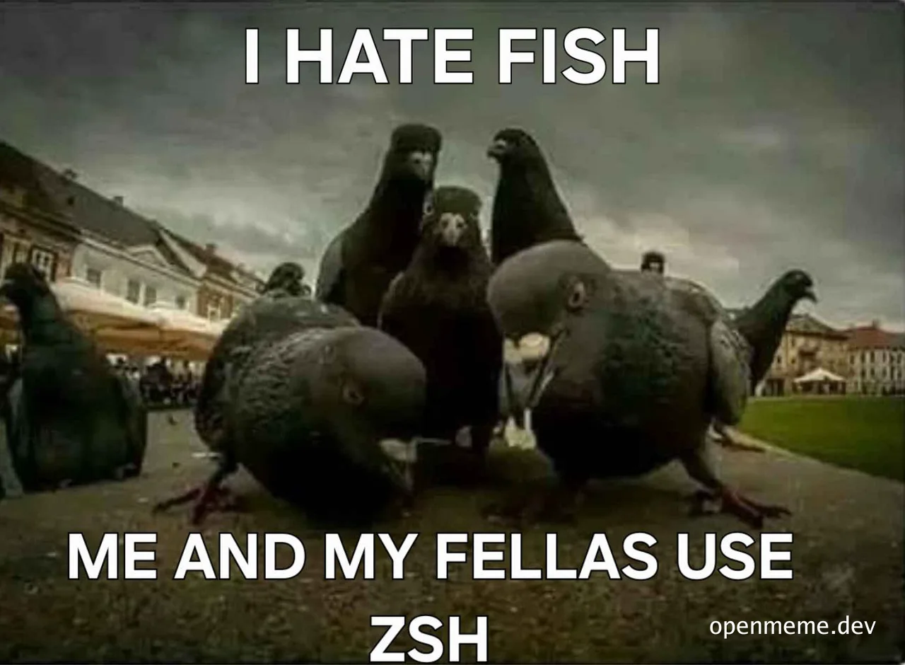 a group of pigeons standing on a sidewalk with a caption about zsh