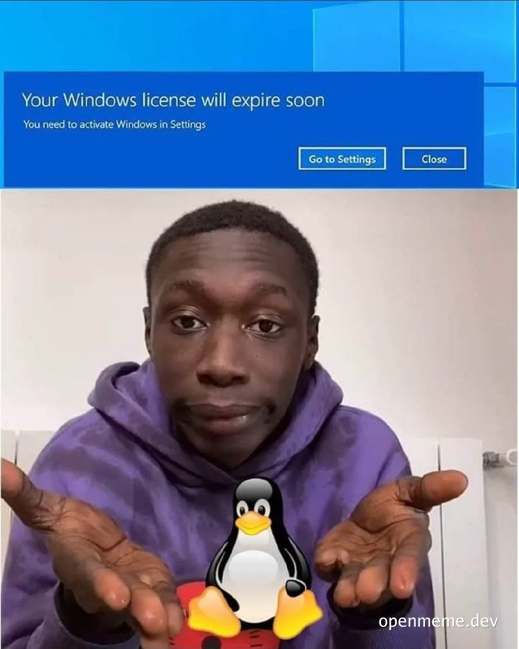 Man in purple hoodie with puzzled expression holding Tux, the Linux penguin mascot, in front of a Windows license expiration notice