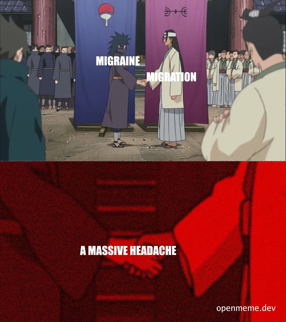 Naruto scene with characters shaking hands labeled migraine and migration with a red filter on the bottom half with text A MASSIVE HEADACHE