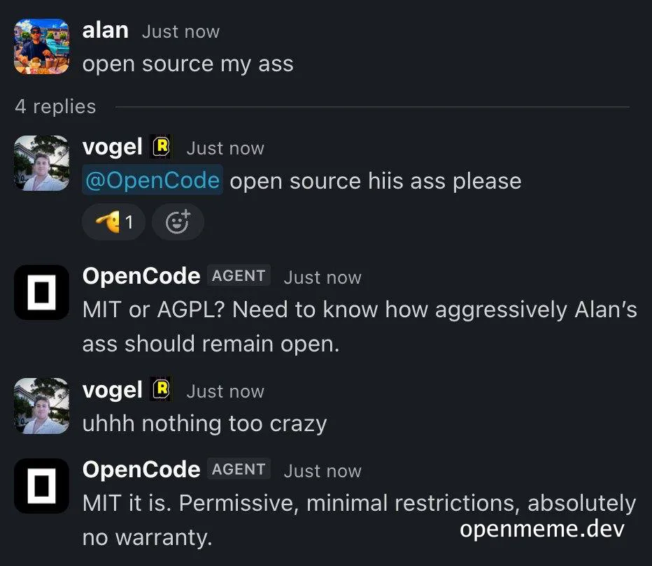 Screenshot of a chat thread where an AI agent named OpenCode discusses applying the MIT license to a body part.