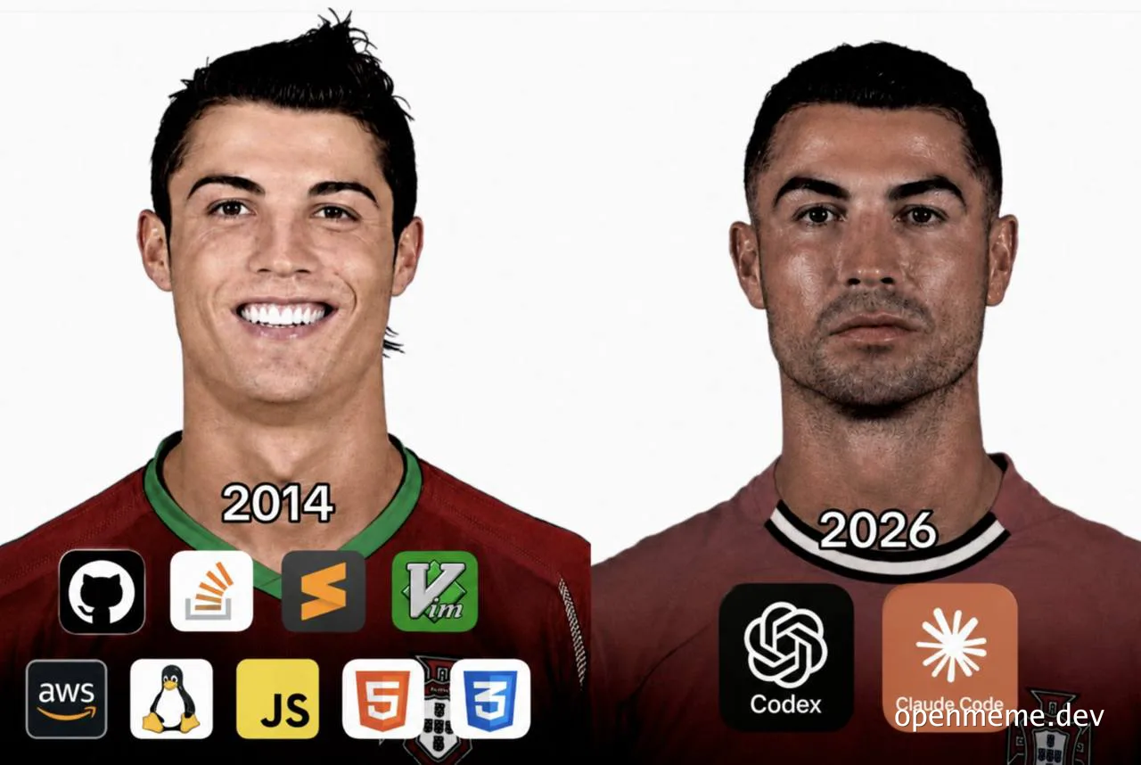Cristiano Ronaldo with logos of programming tools and AI in 2014 and 2026