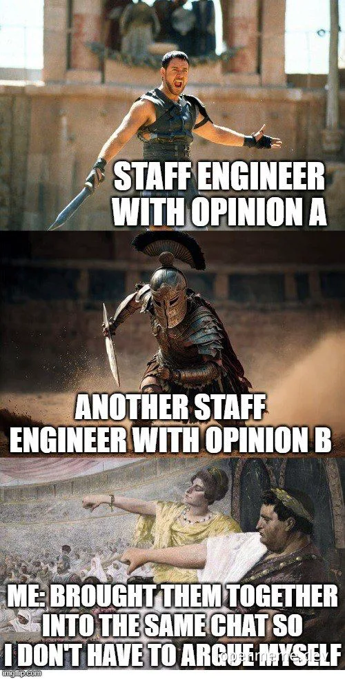 Gladiators represent staff engineers with differing opinions while a Roman man looks on
